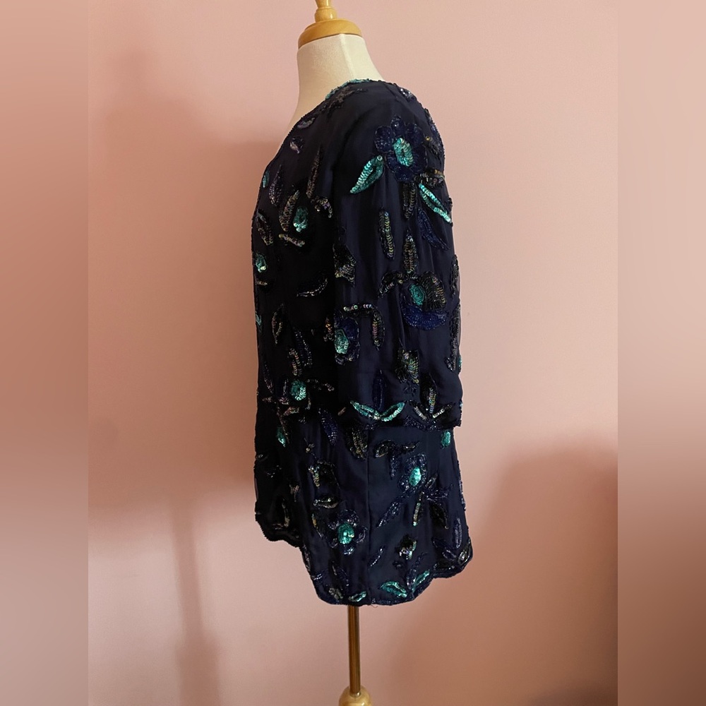 Vintage Frank Usher Silk Navy Sequin Floral Top - Picture 4 of 9